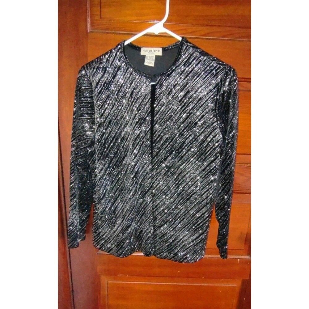 EUC Sz L Petite Notations Women Black Silver Glitter Blouse Long Sleeve Stretch